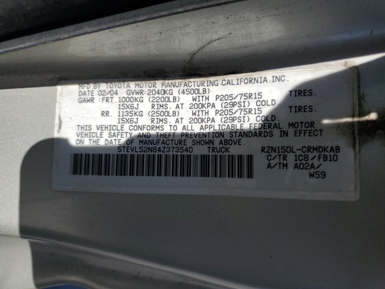 2004 Toyota Tacoma Xtracab VIN: 5TEVL52N84Z373540 Lot: 82288595
