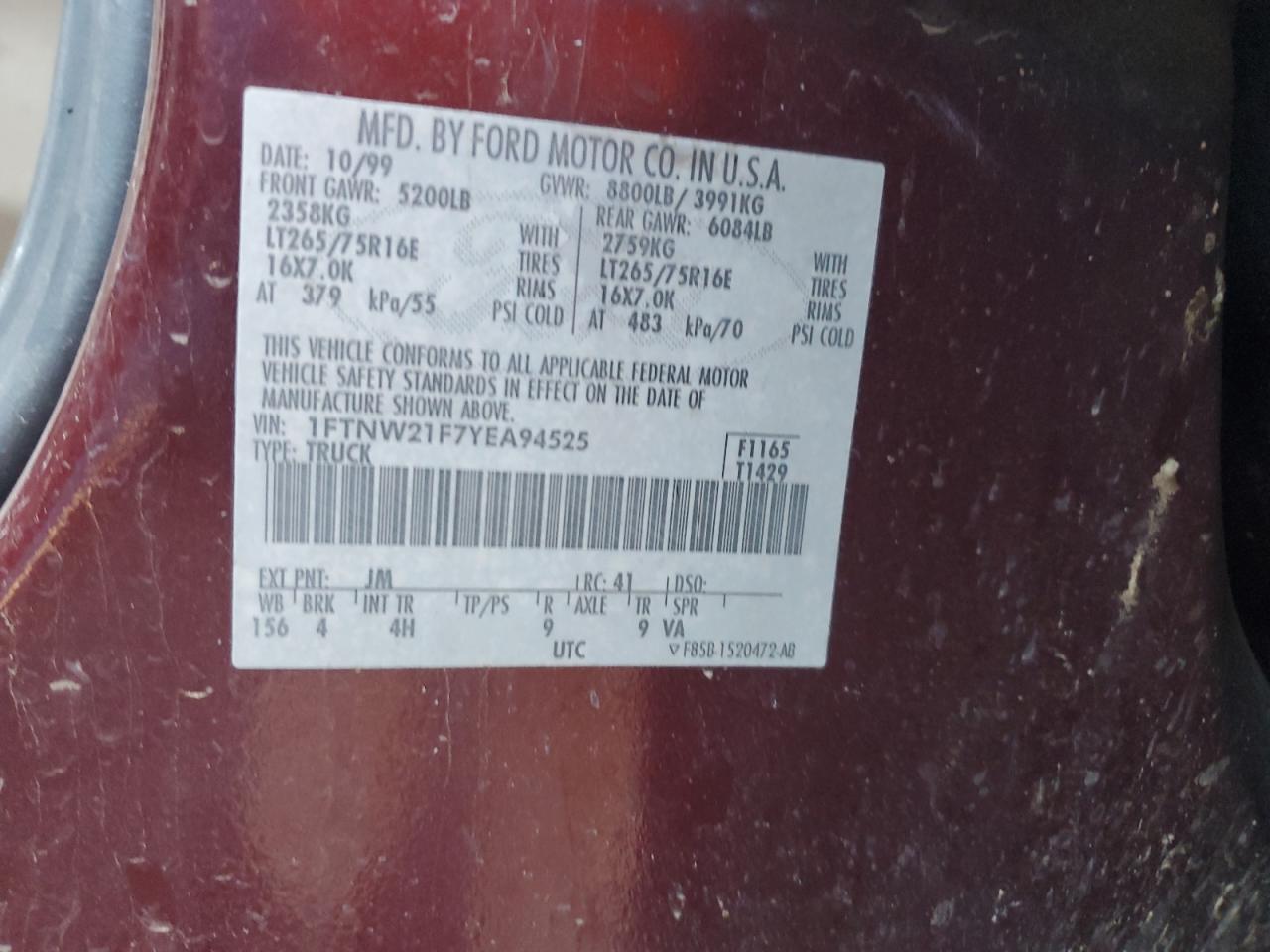 2000 Ford F250 Super Duty VIN: 1FTNW21F7YEA94525 Lot: 82131975