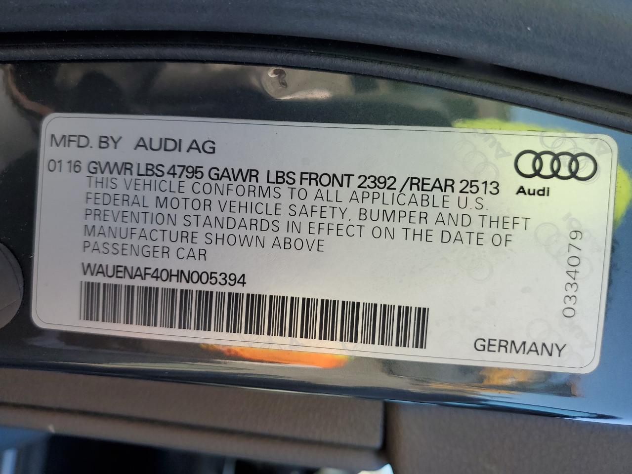 2017 Audi A4 Premium Plus VIN: WAUENAF40HN005394 Lot: 82492275