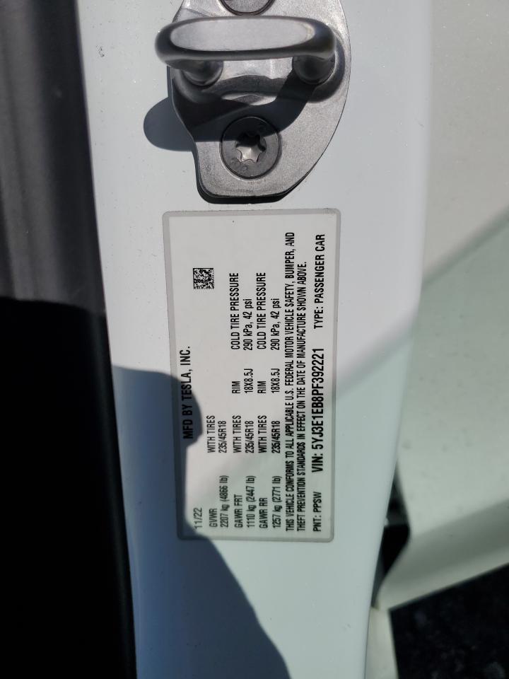 2023 Tesla Model 3 VIN: 5YJ3E1EB8PF392221 Lot: 85192475