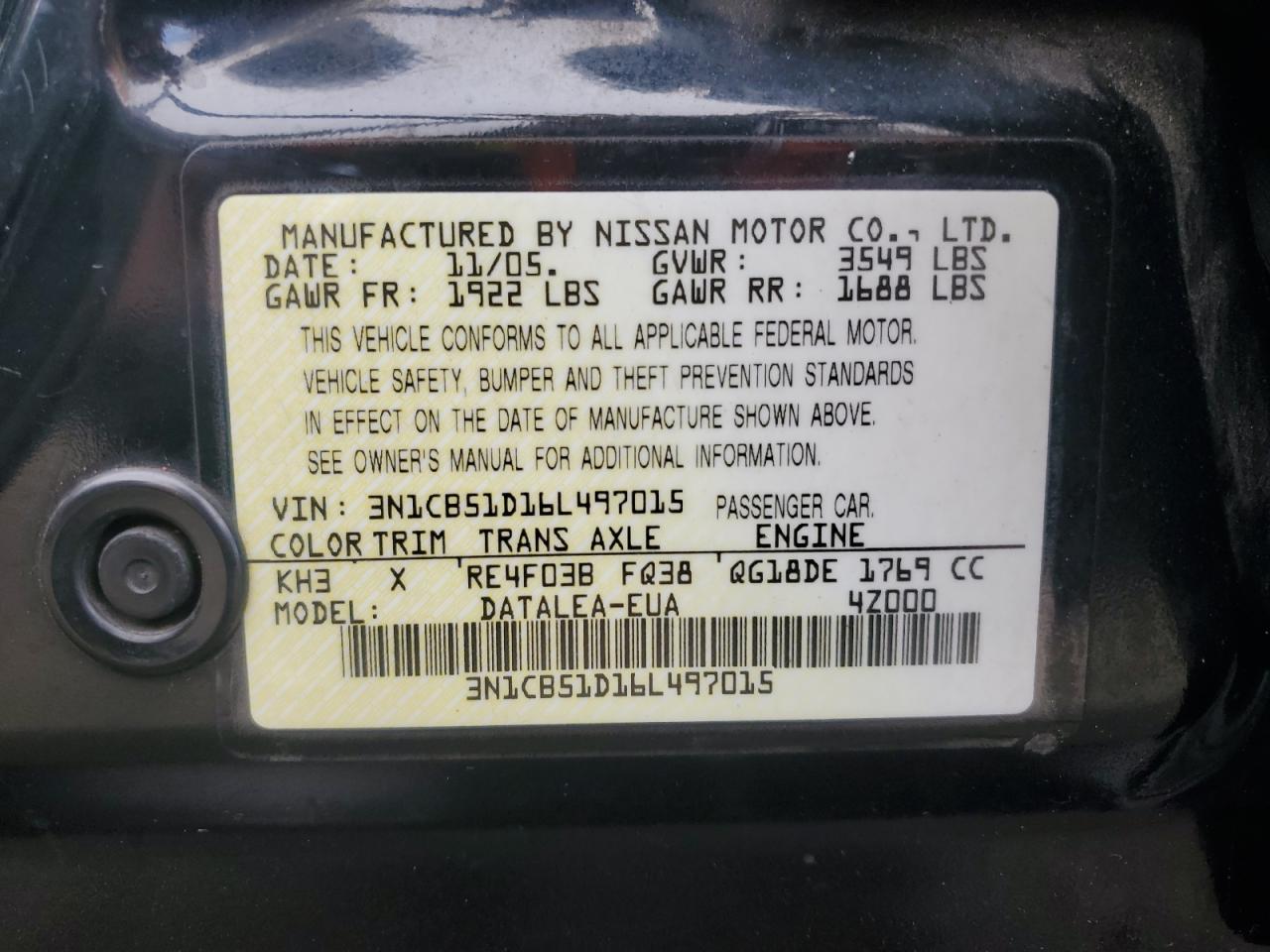 2006 Nissan Sentra 1.8 VIN: 3N1CB51D16L497015 Lot: 84870985