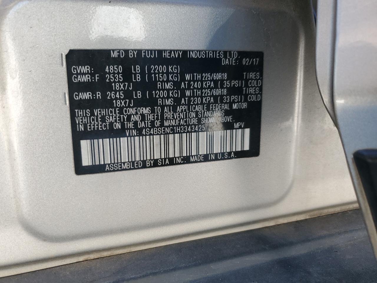 2017 Subaru Outback 3.6R Limited VIN: 4S4BSENC1H3343425 Lot: 84870115