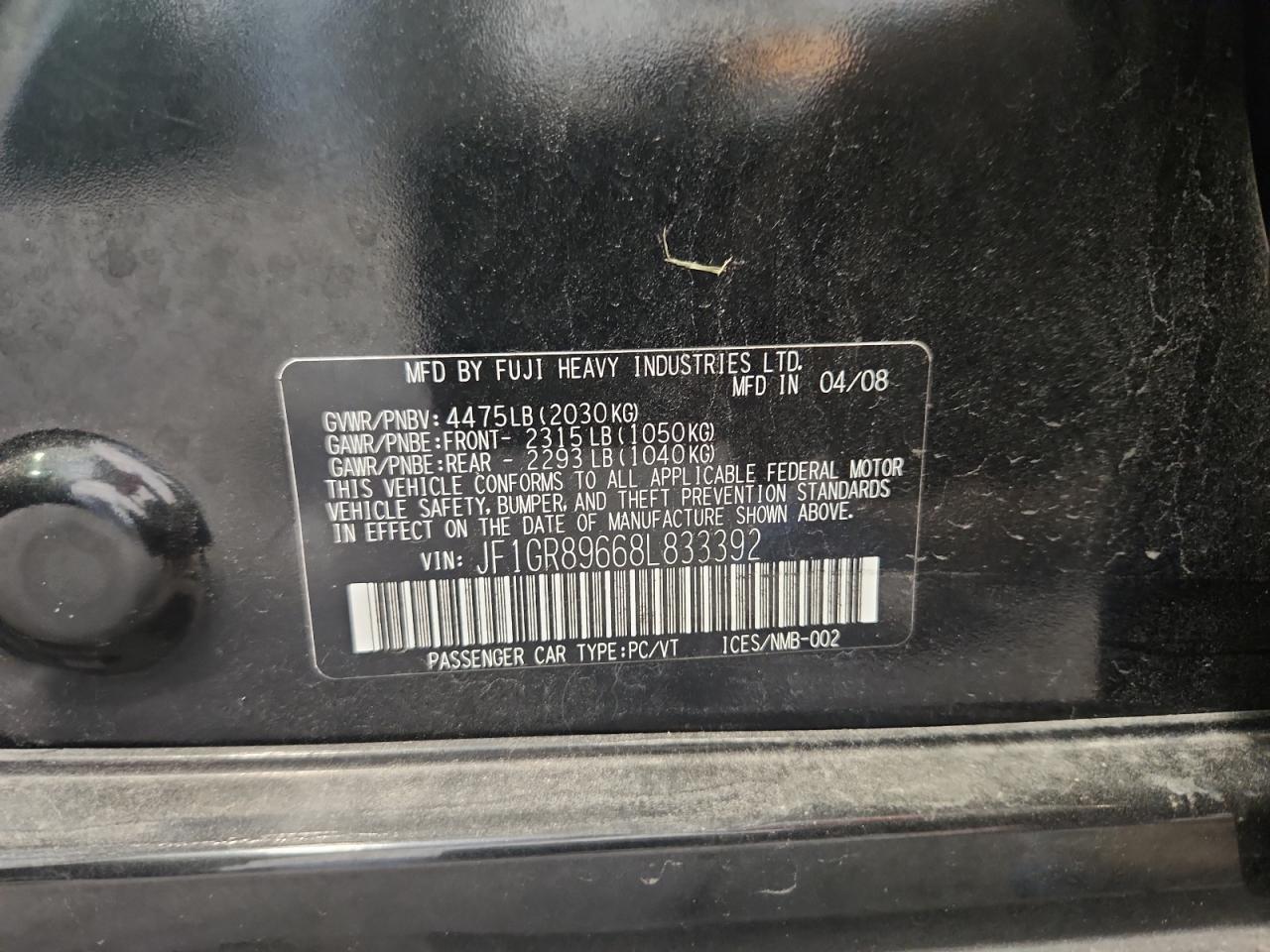 2008 Subaru Impreza Wrx Sti VIN: JF1GR89668L833392 Lot: 85180445