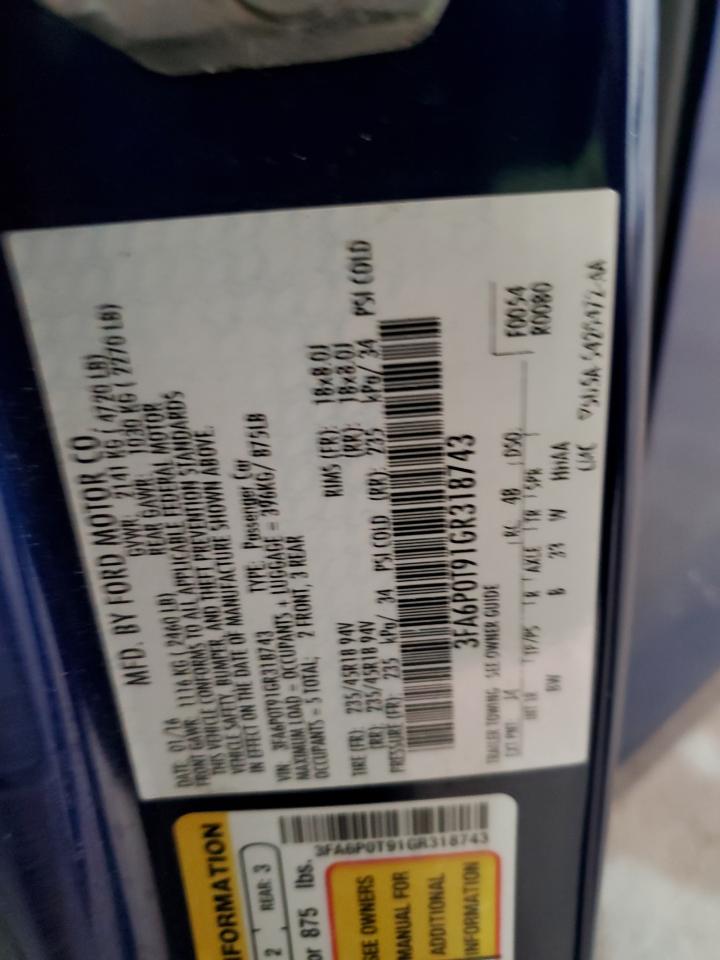 2016 Ford Fusion Se VIN: 3FA6P0T91GR318743 Lot: 89819775