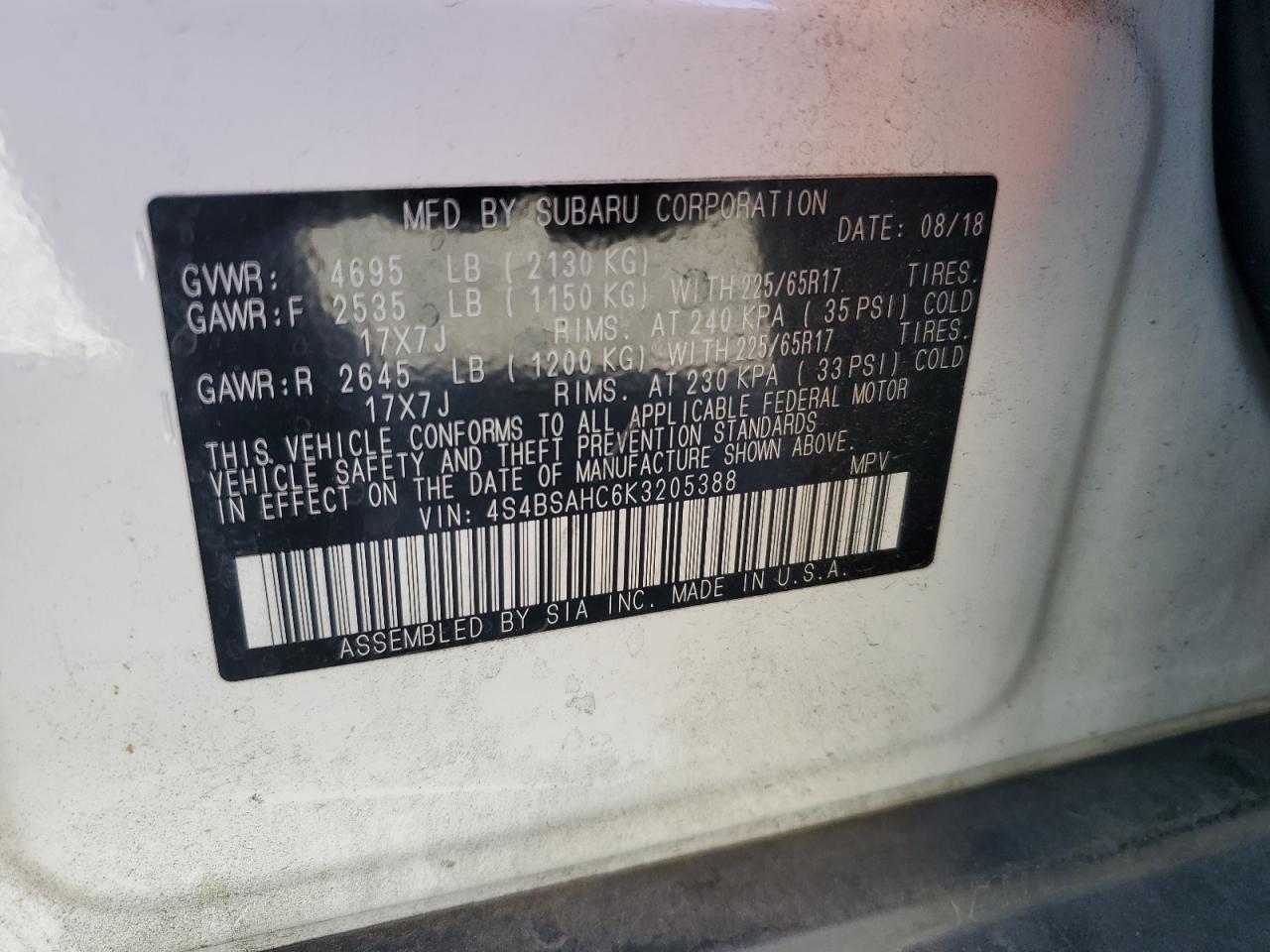 2019 Subaru Outback 2.5I Premium VIN: 4S4BSAHC6K3205388 Lot: 82269325