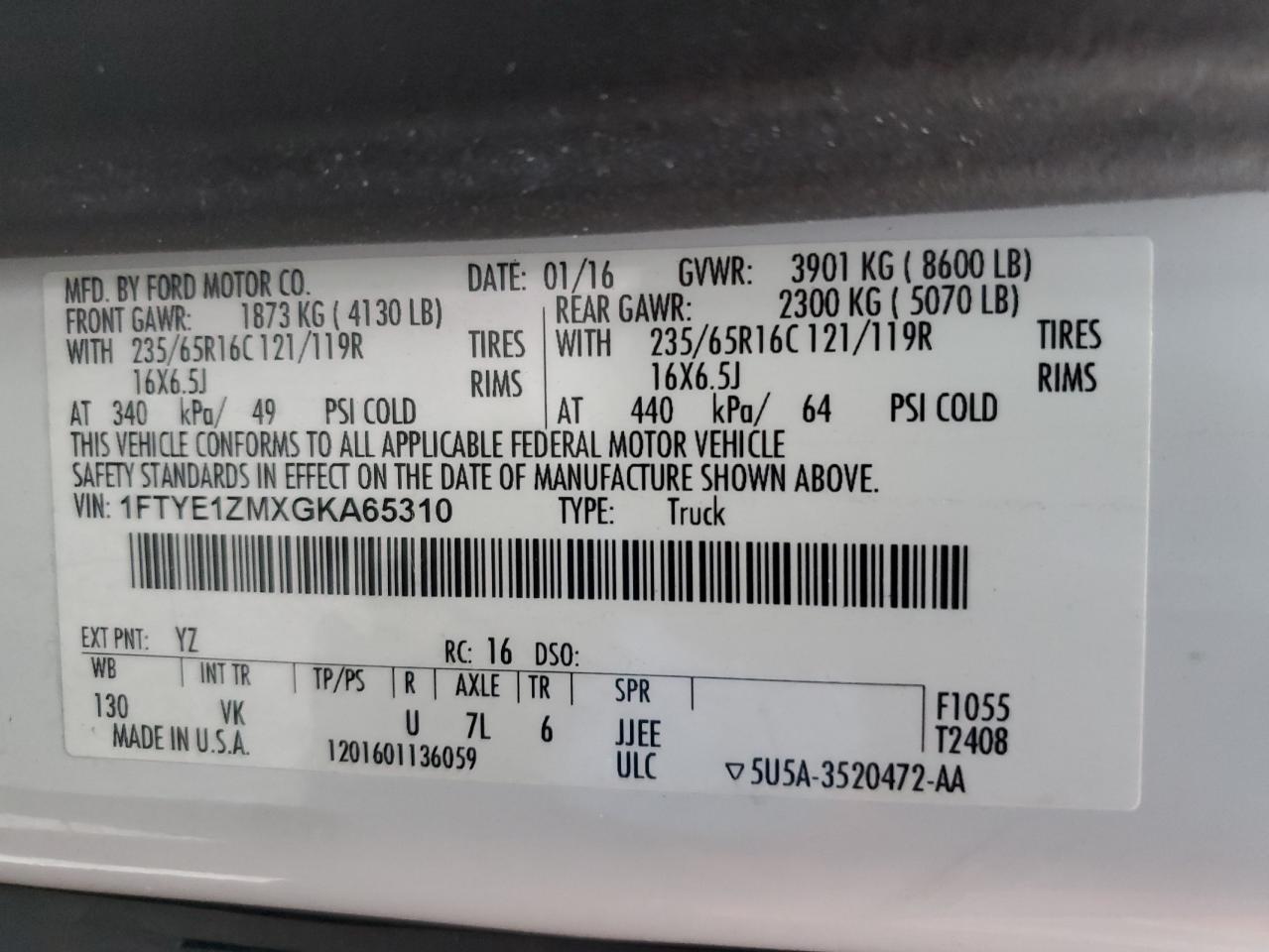 2016 Ford Transit T-150 VIN: 1FTYE1ZMXGKA65310 Lot: 85566765