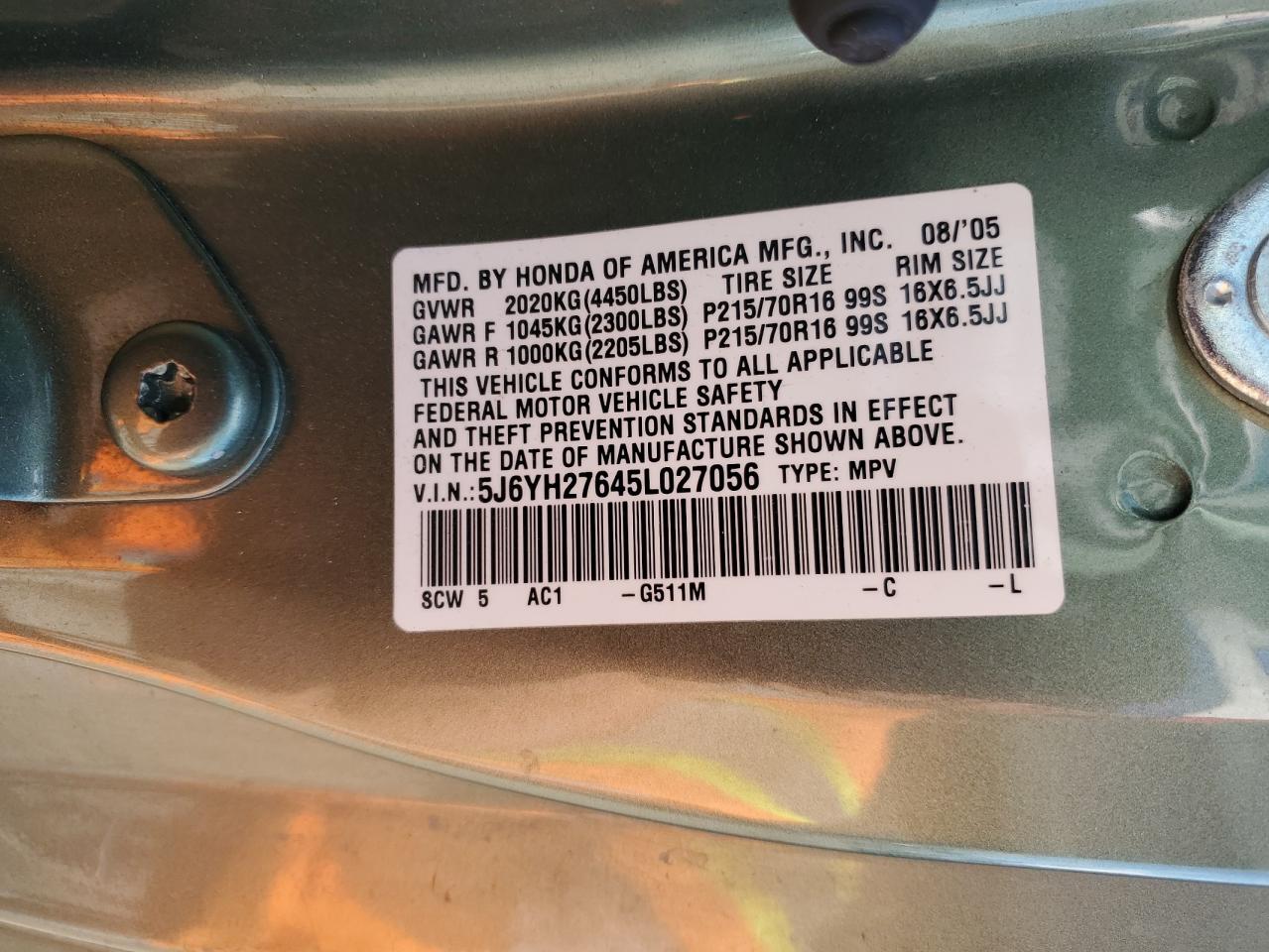 2005 Honda Element Ex VIN: 5J6YH27645L027056 Lot: 89927845