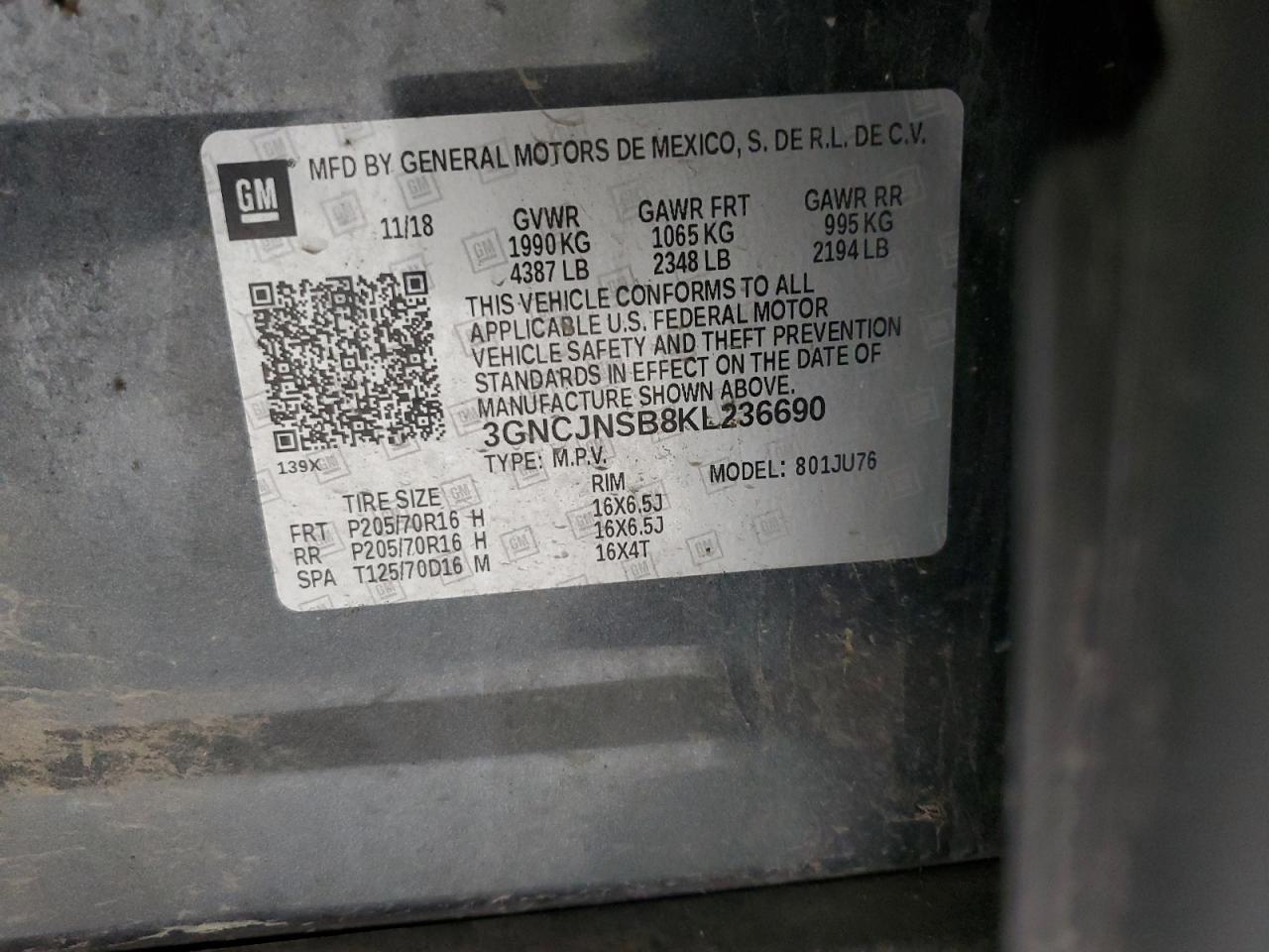 2019 Chevrolet Trax Ls VIN: 3GNCJNSB8KL236690 Lot: 85542095