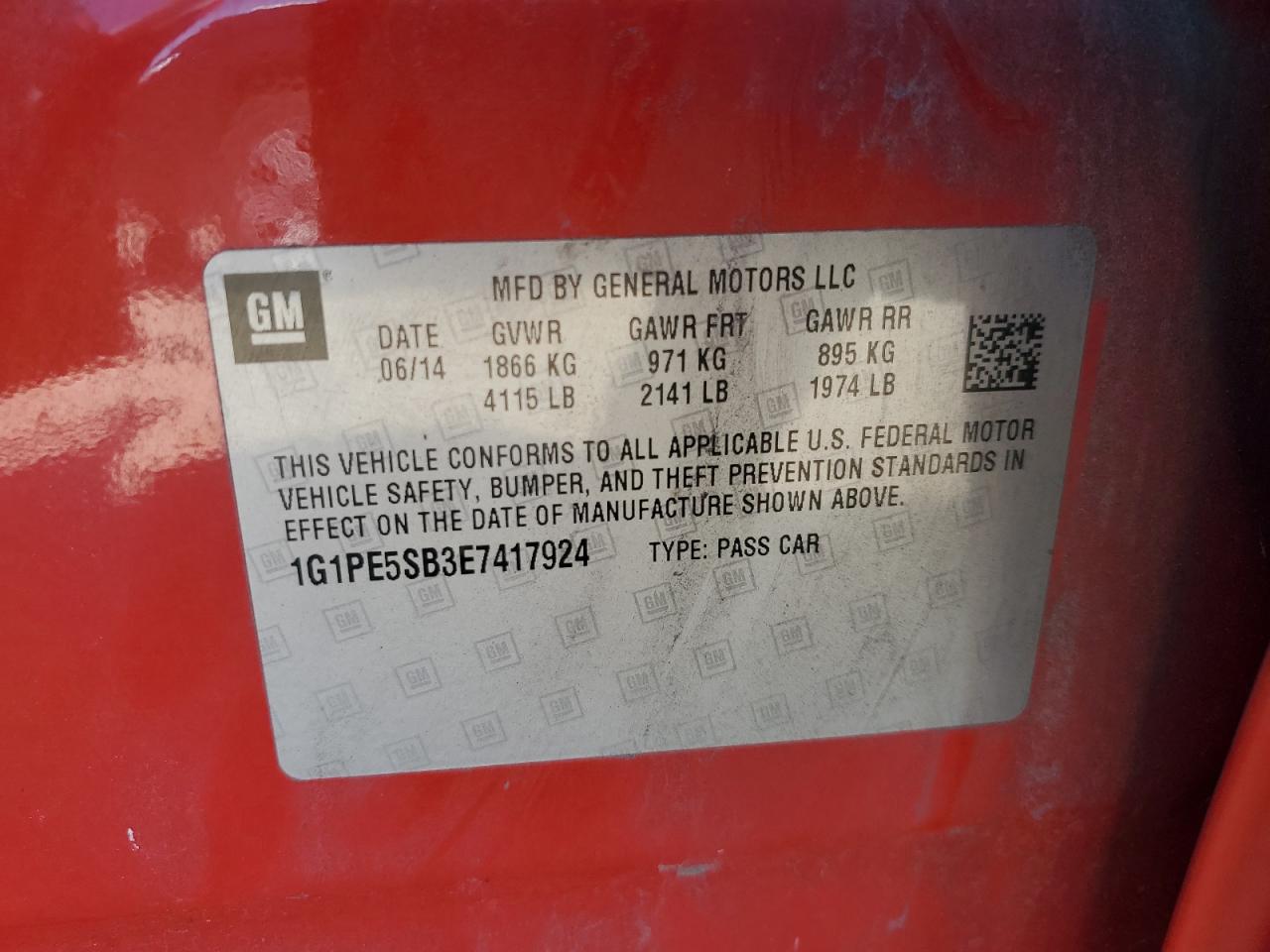 2014 Chevrolet Cruze Lt VIN: 1G1PE5SB3E7417924 Lot: 85106575