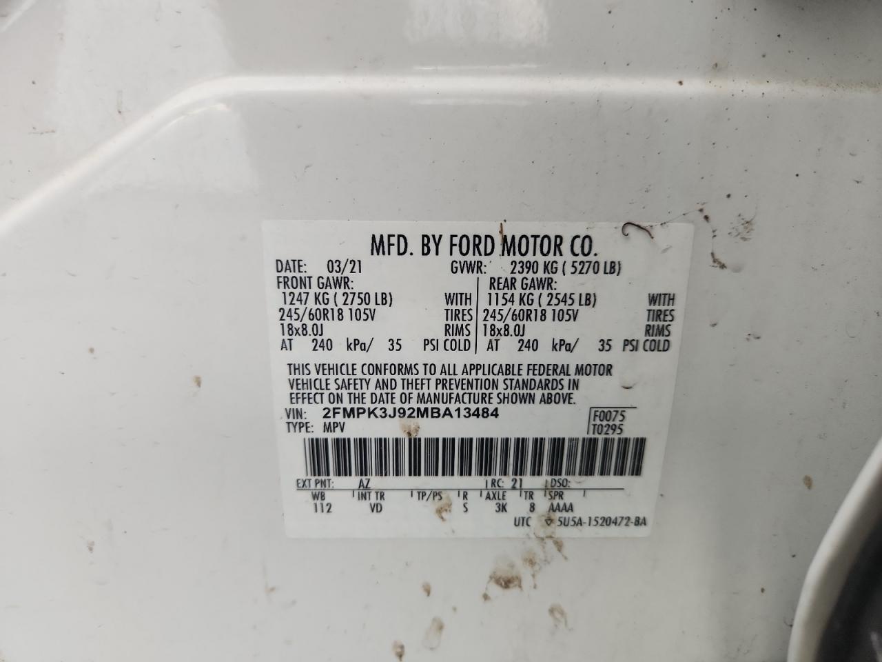 2021 Ford Edge Sel VIN: 2FMPK3J92MBA13484 Lot: 84373065