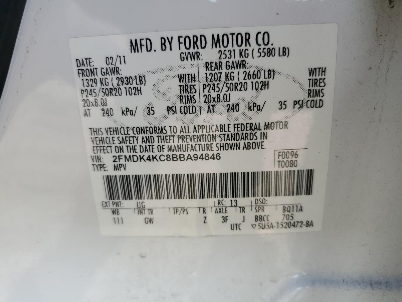 2011 Ford Edge Limited VIN: 2FMDK4KC8BBA94846 Lot: 81967025