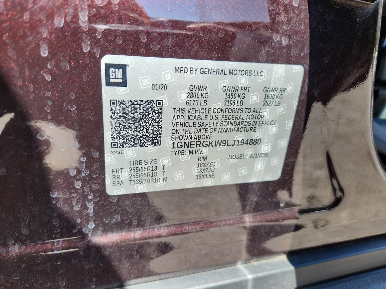 2020 Chevrolet Traverse Lt VIN: 1GNERGKW9LJ194880 Lot: 84568375