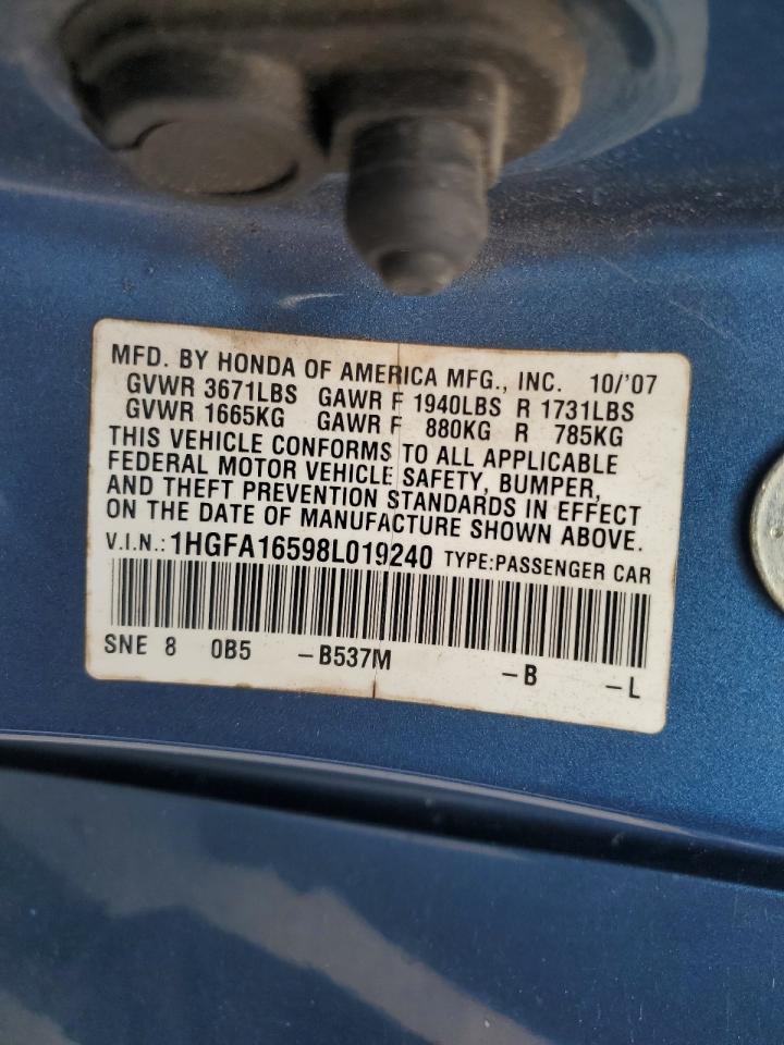 2008 Honda Civic Lx VIN: 1HGFA16598L019240 Lot: 85547915