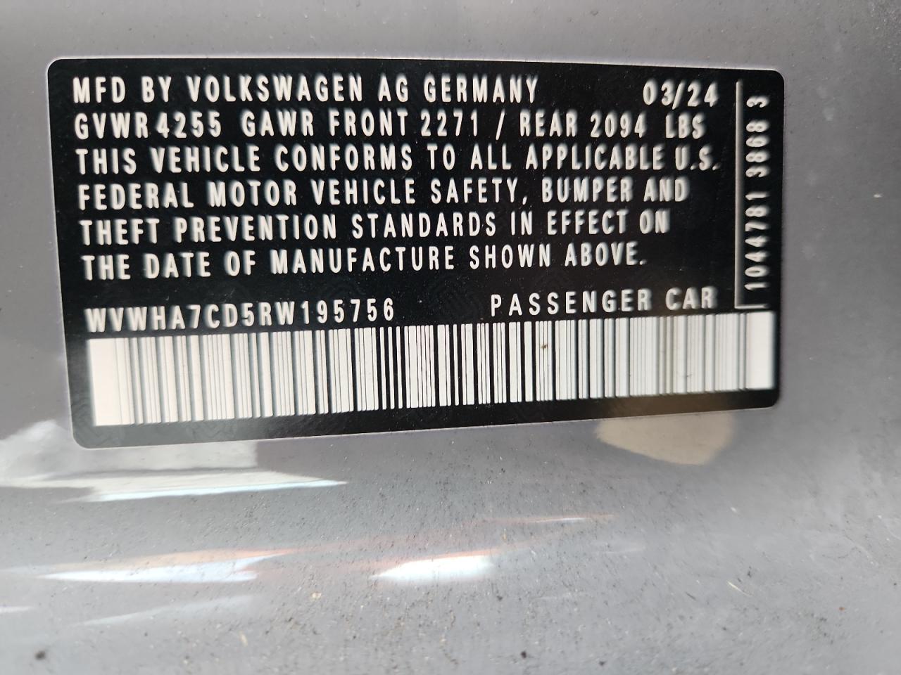 2024 Volkswagen Gti S VIN: WVWHA7CD5RW195756 Lot: 90244985