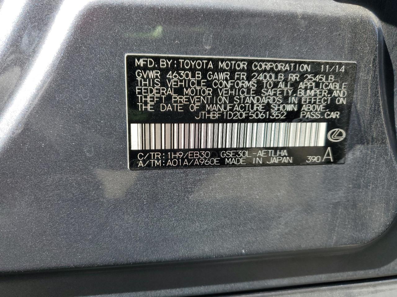 2015 Lexus Is 250 VIN: JTHBF1D20F5061352 Lot: 82291425