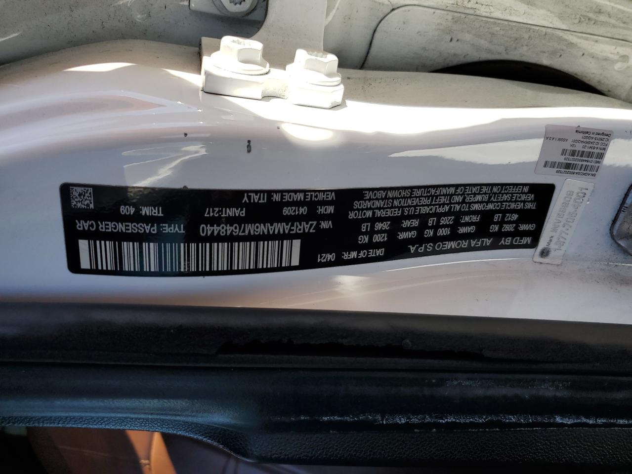 2021 Alfa Romeo Giulia Sport VIN: ZARFAMAN6M7648440 Lot: 90620295