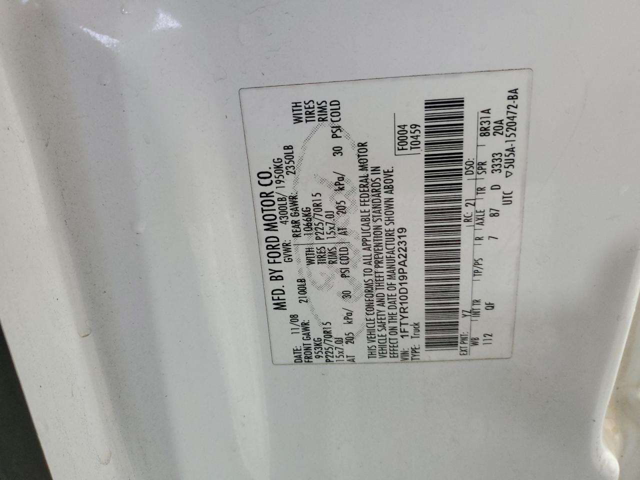 2009 Ford Ranger VIN: 1FTYR10D19PA22319 Lot: 89473665