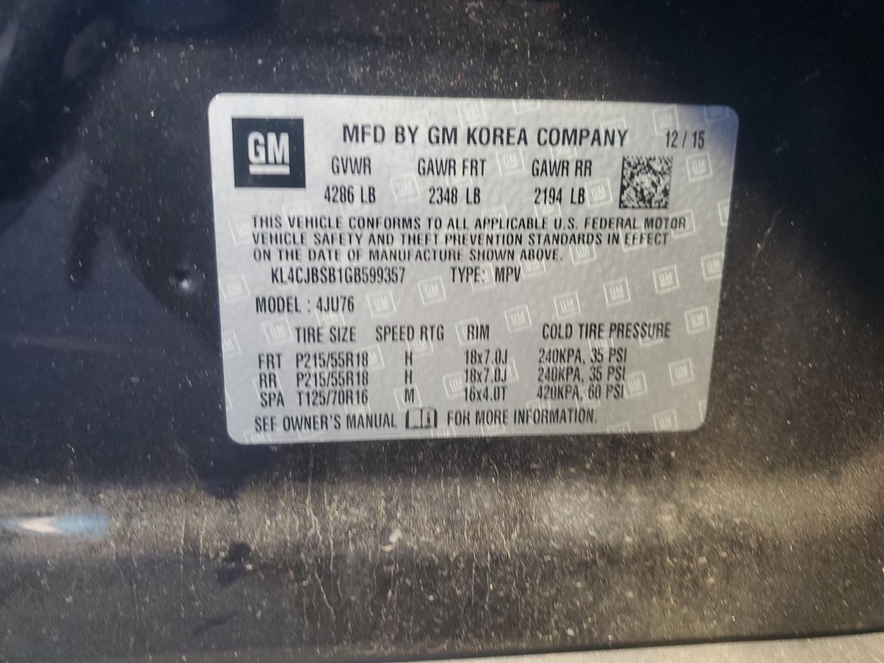 2016 Buick Encore Convenience VIN: KL4CJBSB1GB599357 Lot: 90724815