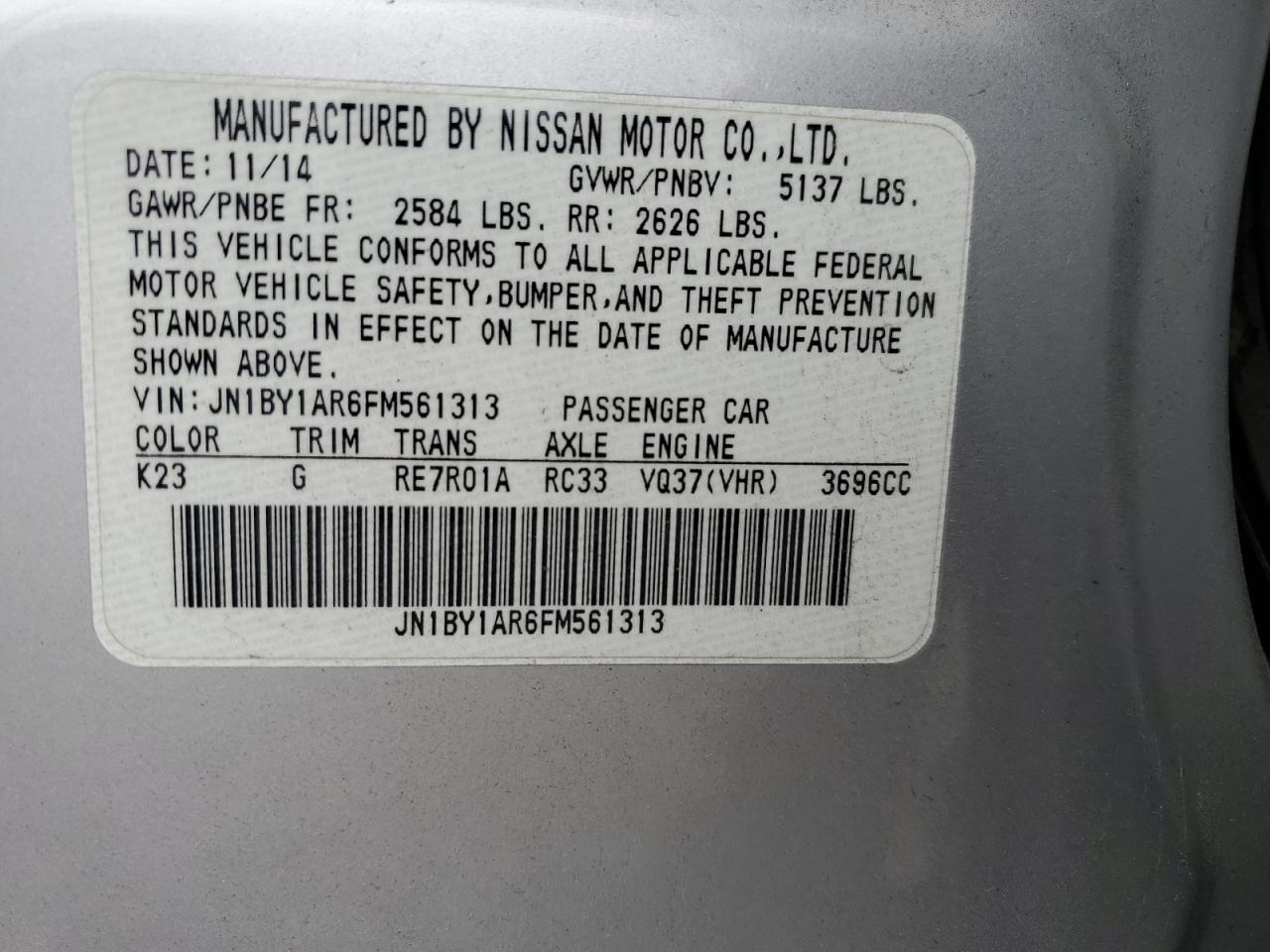 2015 Infiniti Q70 3.7 VIN: JN1BY1AR6FM561313 Lot: 85329435