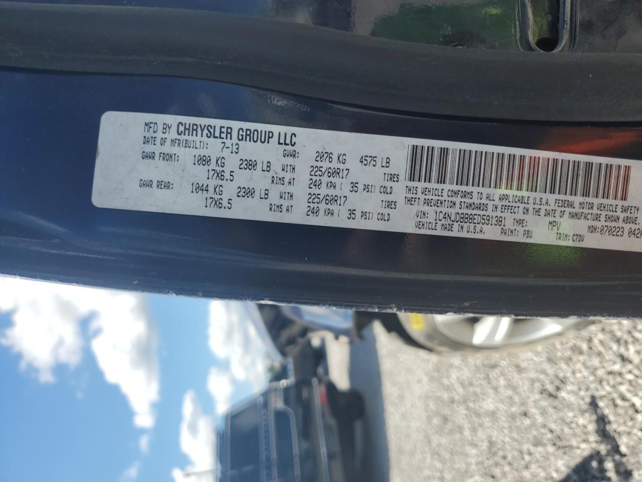 2014 Jeep Compass Sport VIN: 1C4NJDBB8ED591381 Lot: 82238435