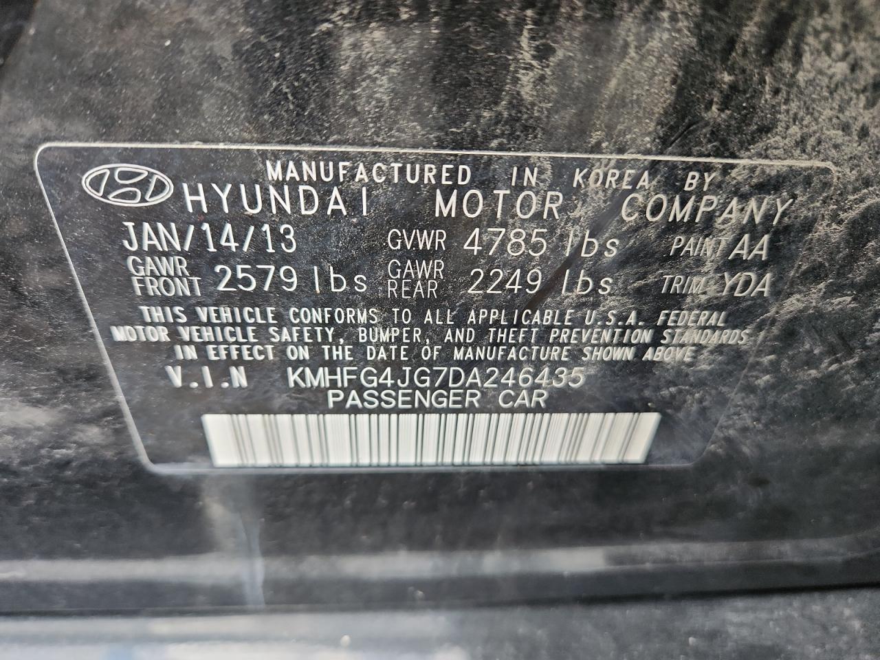 2013 Hyundai Azera VIN: KMHFG4JG7DA246435 Lot: 87428515