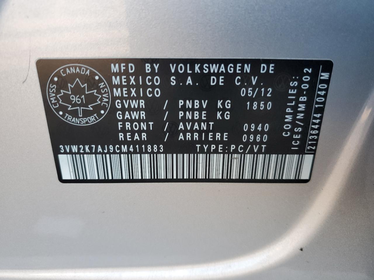 2012 Volkswagen Jetta Base VIN: 3VW2K7AJ9CM411883 Lot: 85257095