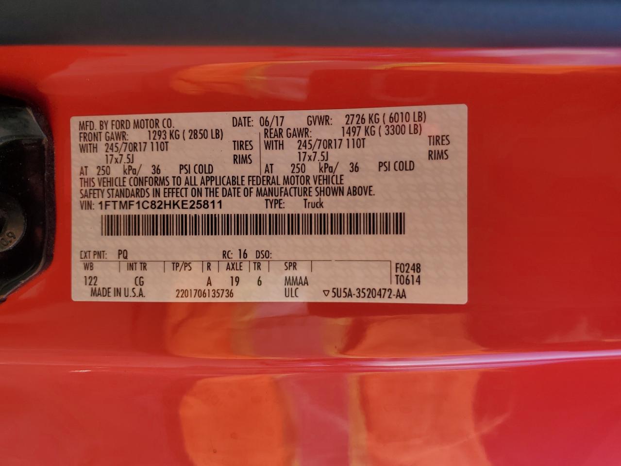 2017 Ford F150 VIN: 1FTMF1C82HKE25811 Lot: 82532025