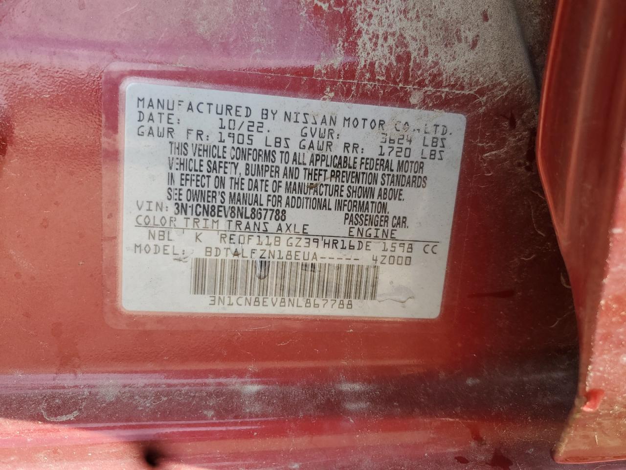 2022 Nissan Versa Sv VIN: 3N1CN8EV8NL867788 Lot: 86861955