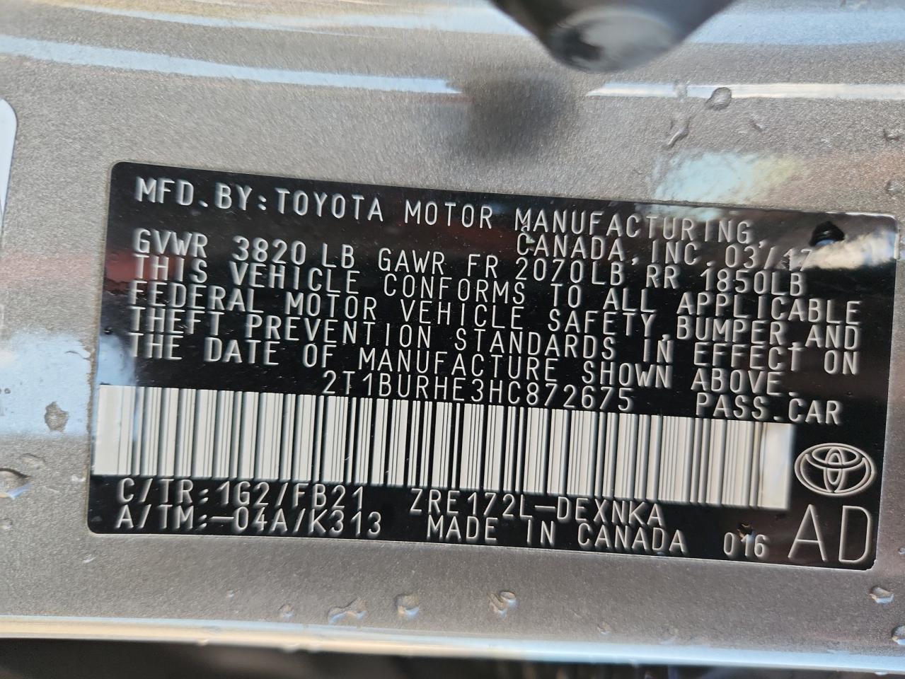 2017 Toyota Corolla L VIN: 2T1BURHE3HC872675 Lot: 85328305