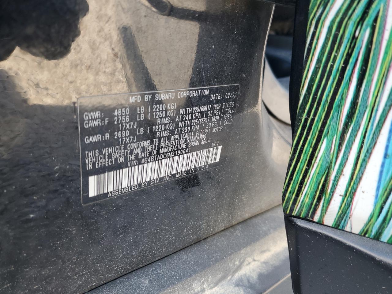 2021 Subaru Outback Premium VIN: 4S4BTADC6M3190641 Lot: 81964015