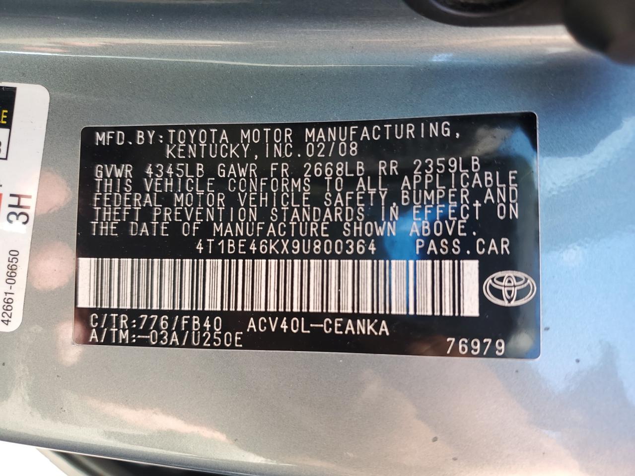 2009 Toyota Camry Base VIN: 4T1BE46KX9U800364 Lot: 84472775