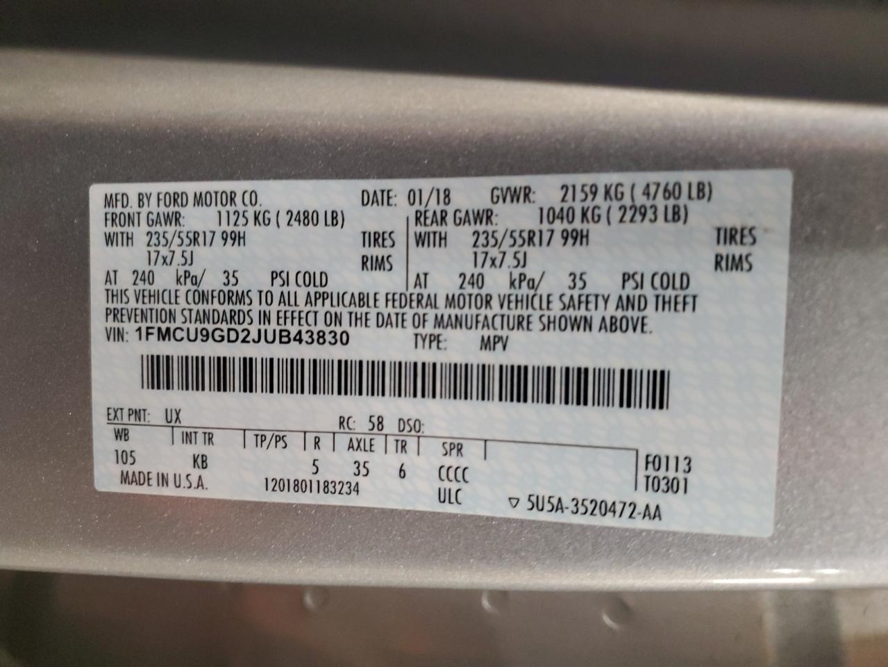 2018 Ford Escape Se VIN: 1FMCU9GD2JUB43830 Lot: 85584595