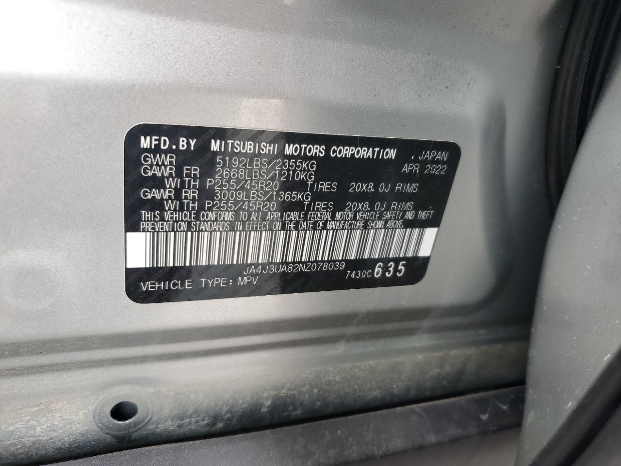 2022 Mitsubishi Outlander Se VIN: JA4J3UA82NZ078039 Lot: 82426445