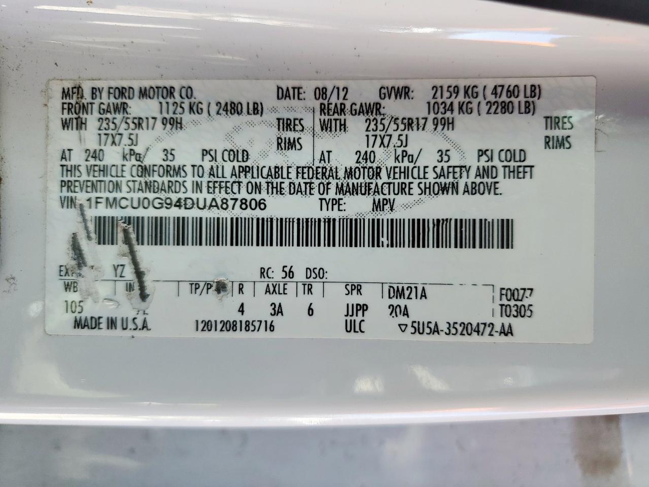 2013 Ford Escape Se VIN: 1FMCU0G94DUA87806 Lot: 85188365