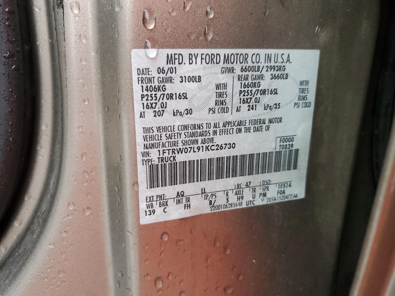 2001 Ford F150 Supercrew VIN: 1FTRW07L91KC26730 Lot: 90144875