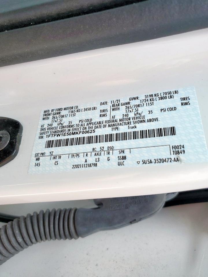 2021 Ford F150 Supercrew VIN: 1FTFW1E50MKF00625 Lot: 84722625