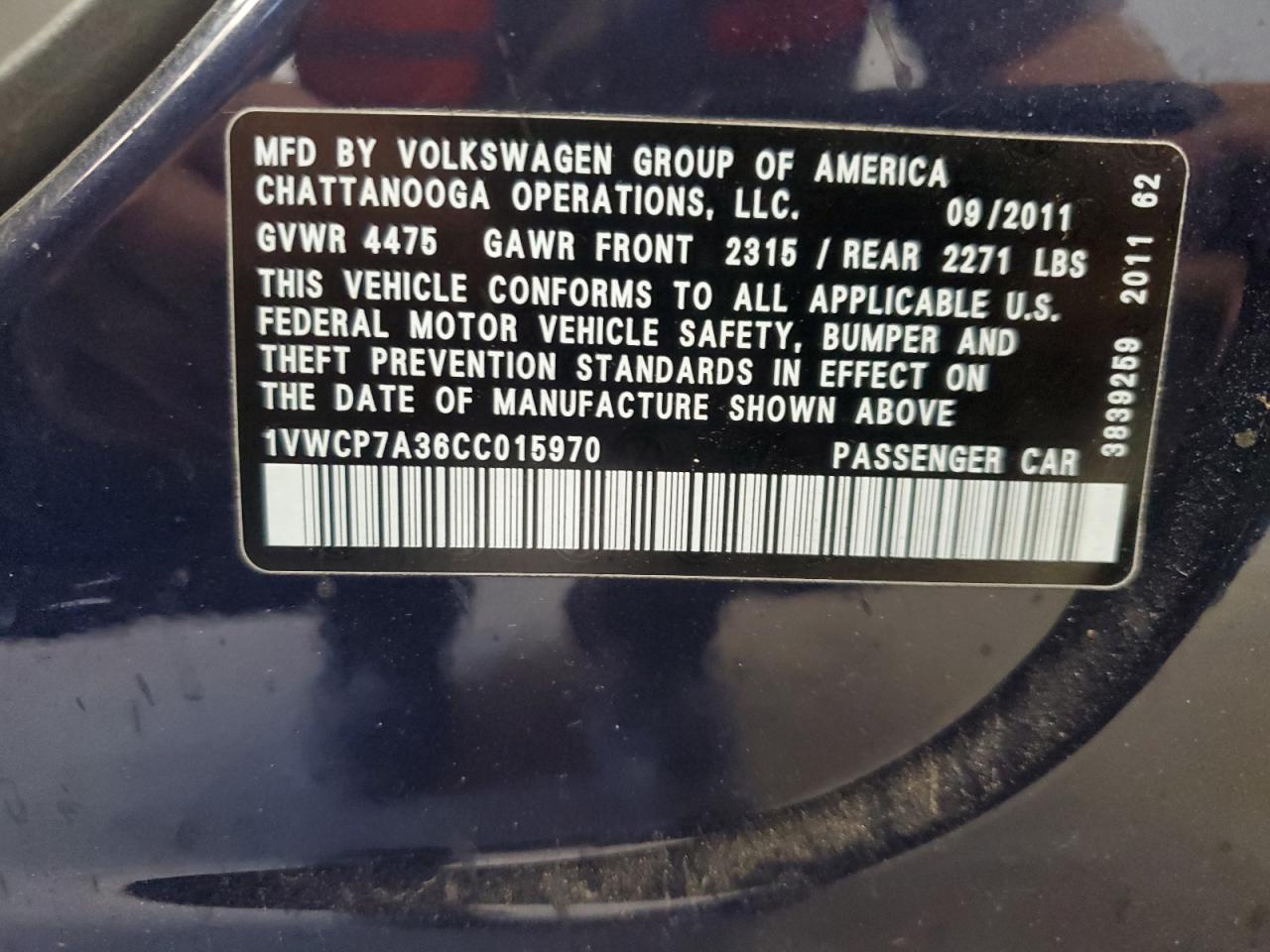 2012 Volkswagen Passat Sel VIN: 1VWCP7A36CC015970 Lot: 82256645