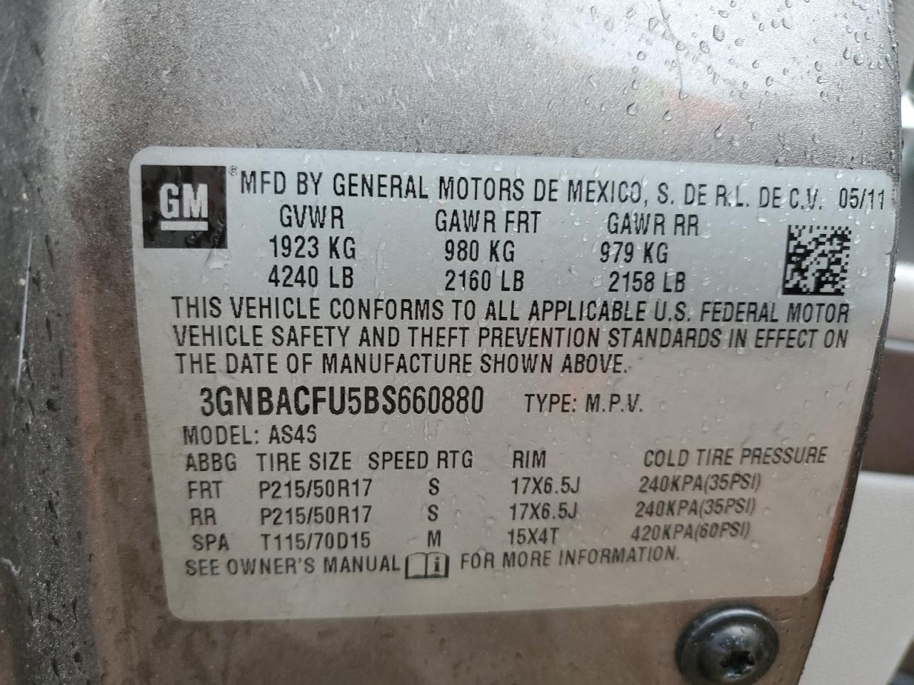 2011 Chevrolet Hhr Lt VIN: 3GNBACFU5BS660880 Lot: 90073755