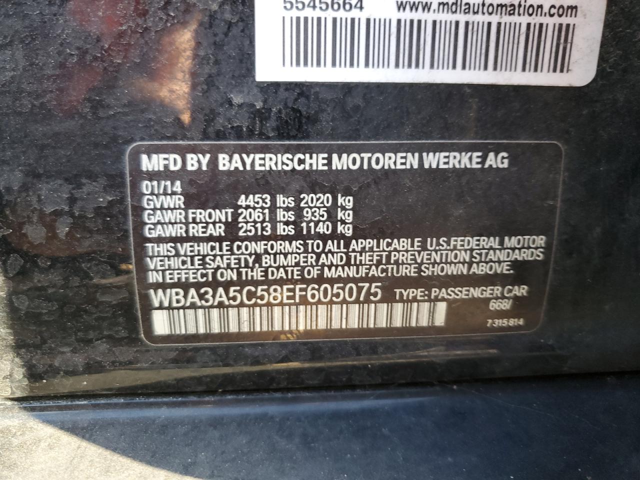 2014 BMW 328 I VIN: WBA3A5C58EF605075 Lot: 85861415