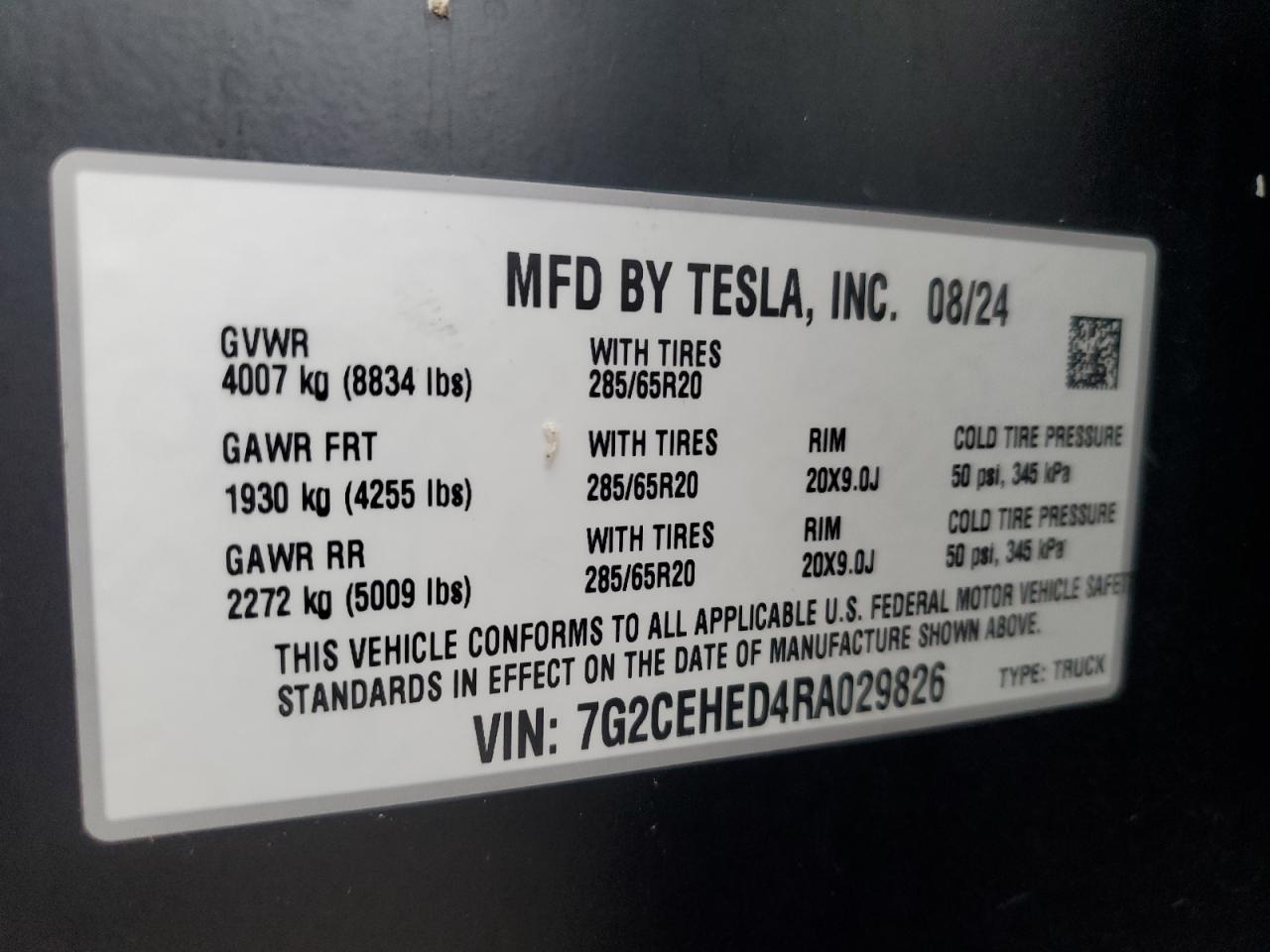 2024 Tesla Cybertruck VIN: 7G2CEHED4RA029826 Lot: 90882465