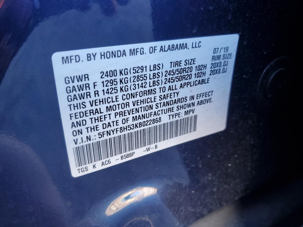 2019 Honda Passport Exl VIN: 5FNYF8H53KB022868 Lot: 82575265