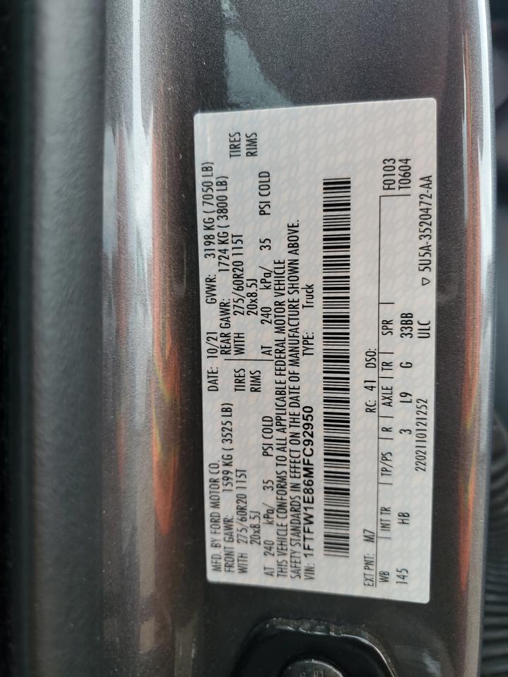 2021 Ford F150 Supercrew VIN: 1FTFW1E86MFC92950 Lot: 82393355