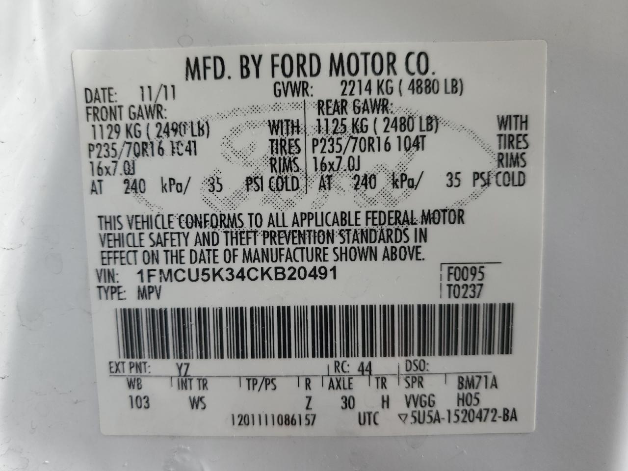 2012 Ford Escape Hybrid VIN: 1FMCU5K34CKB20491 Lot: 86857035