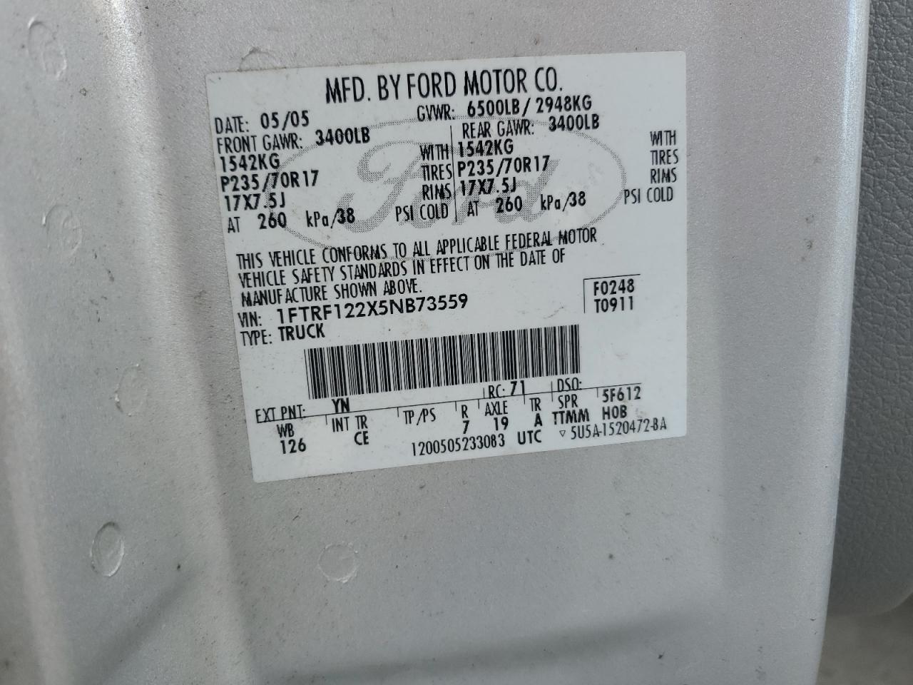 2005 Ford F150 VIN: 1FTRF122X5NB73559 Lot: 89680115