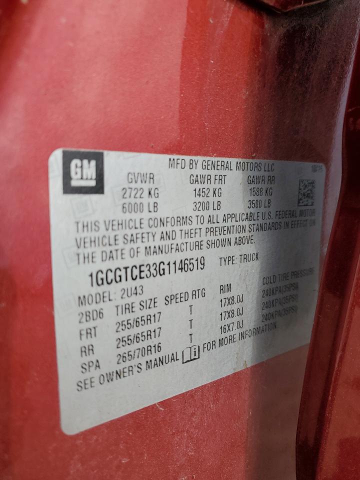 2016 Chevrolet Colorado Lt VIN: 1GCGTCE33G1146519 Lot: 85707145