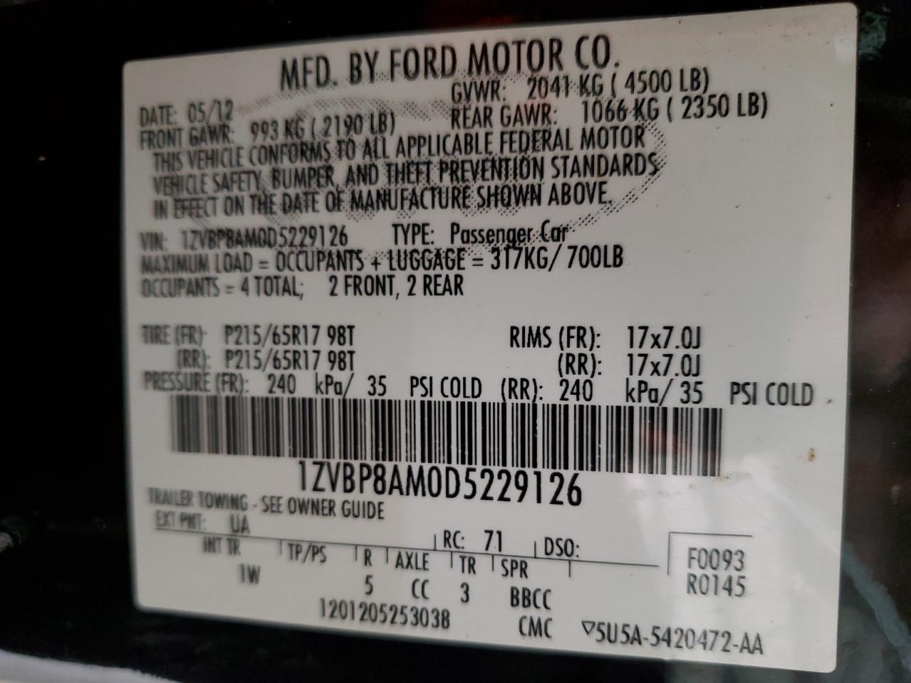 2013 Ford Mustang VIN: 1ZVBP8AM0D5229126 Lot: 84195285