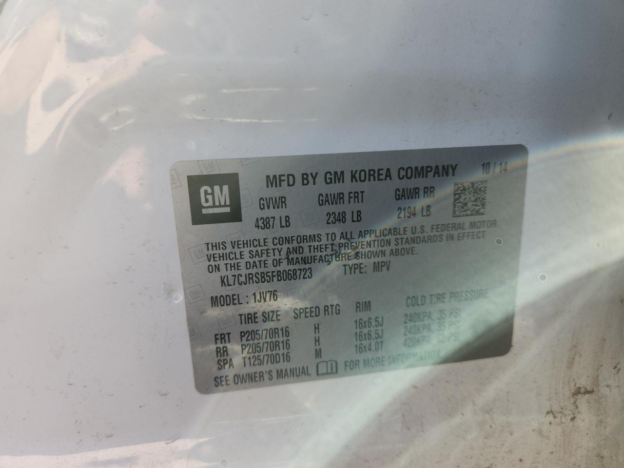 2015 Chevrolet Trax 1Lt VIN: KL7CJRSB5FB068723 Lot: 89896585