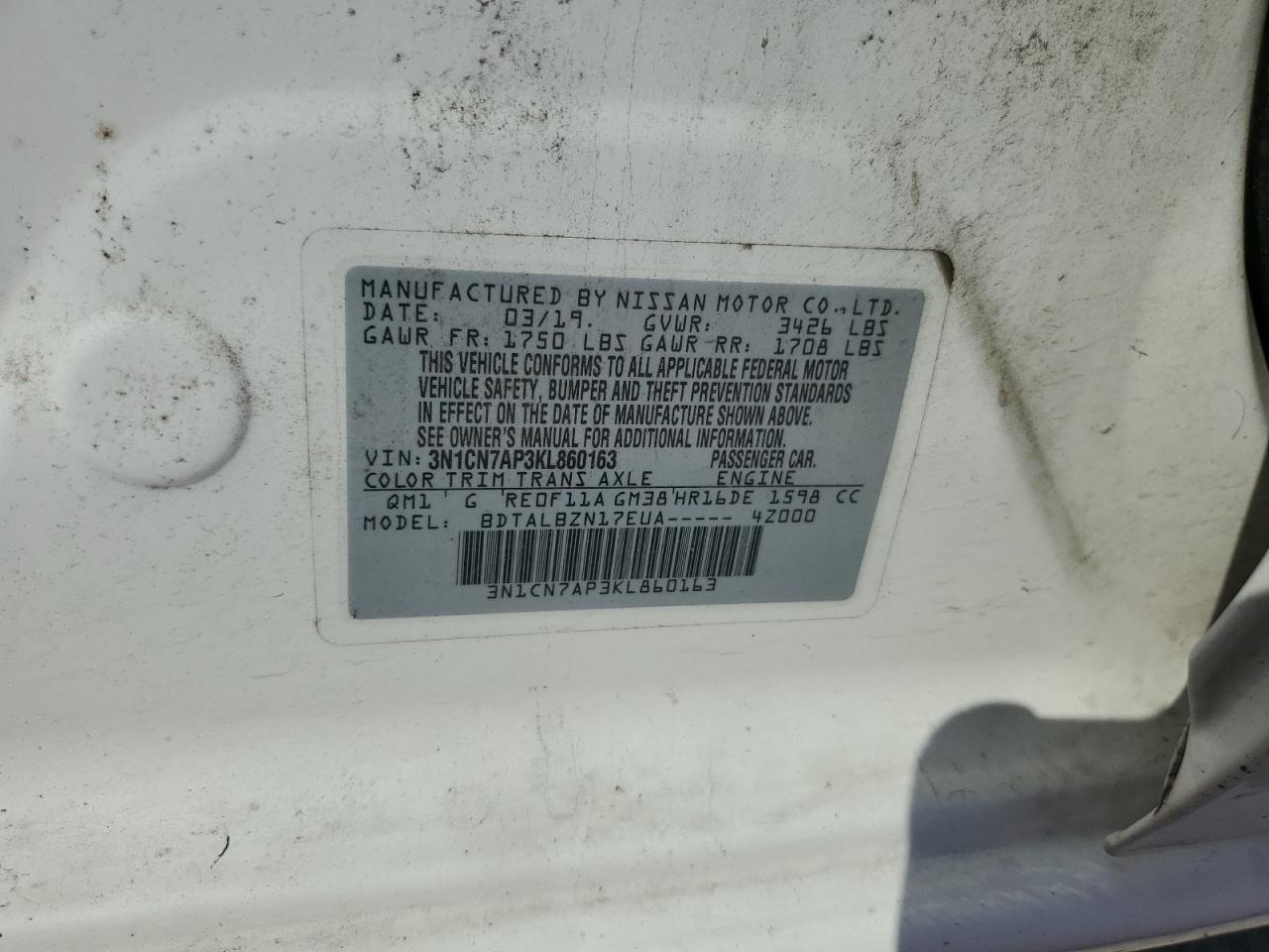 2019 Nissan Versa S VIN: 3N1CN7AP3KL860163 Lot: 85129945