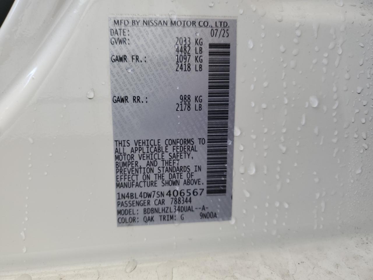 2025 Nissan Altima Sv VIN: 1N4BL4DW7SN406567 Lot: 85920255