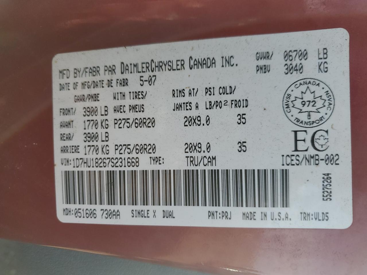 2007 Dodge Ram 1500 St VIN: 1D7HU18267S231668 Lot: 85335475